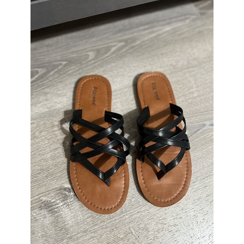Ataiwee Vegan Black Slide Slip On Strap Sandals Women's Size 8 EUC